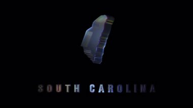 Dijital bozulma ve krom yüzey efektiyle modern soyut tarzda izole edilmiş Güney Carolina 'nın parlak holografik silüeti.