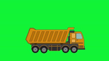 Detaylı tekerlekleri ve turuncu gövdesi olan büyük bir inşaat damperli kamyon animasyon veya video düzenleme için yeşil arka planda izole edilmiş.