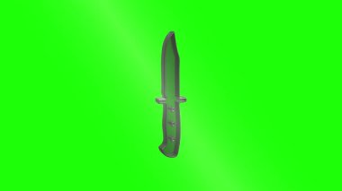 Keskin bir savaş tarzı taktik bıçağın koyu silueti. Detaylı saplı, parlak yeşil arka planda izole edilmiş, askeri ve hayatta kalma araçları için uygun.