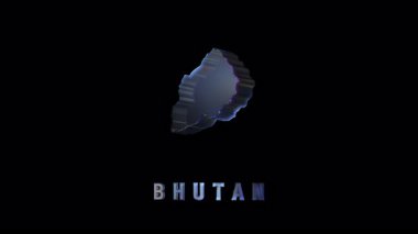 Yumuşak holografik hatları ve aşağıda metalik metni olan Bhutan 'ın stilize edilmiş parıldayan şekli modern minimal görünüm için siyah arkaplanda gösterilmiştir.