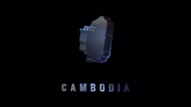 Kamboçya 'nın stilize edilmiş silueti yumuşak parlayan holografik efekt ve aşağıda kalın metalik metin ile modern kontrast için siyah bir zemin üzerine sunulmuştur.