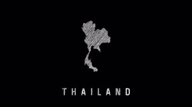 Siyah arkaplan ve tebeşir stili ülke adı üzerine çizilmiş kalem çizgileri içeren Tayland haritası minimalist bir tasarım altında