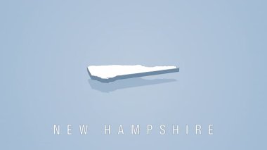 New Hampshire 'ın açık beyaz, yumuşak gölgeli ve açık mavi arkaplanlı minimal izometrik 3D haritası eyaletlerin basitleştirilmiş coğrafi şeklini vurguluyor.