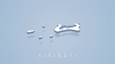 Kiribati 'nin açık mavi arka planda beyaz ada grubunu gösteren minimum izometrik 3D haritası, yumuşak gölgeleme ve derinlik ülkenin coğrafi düzenini vurgulamak için