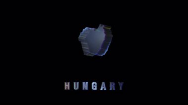 Holografik Hungary haritası ulusal sınırları gözler önüne seriyor, karanlık arkaplana karşı hafif ışık arızalarıyla dönüyor, dijital kartografi görselleştirmesini gösteriyor