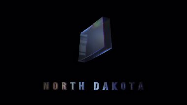 Kuzey Dakota 'nın cam haritası karanlık arka plana karşı yanardöner ve yansıtıcı yüzeylerle yavaşça dönüyor, karmaşık durum hatlarını ve coğrafi detayları ortaya çıkarıyor.