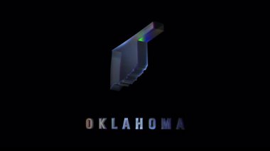 Oklahoma eyaleti haritası koyu arkaplan üzerinde dönüyor, yanardöner dijital görüntüleme sorunsuzca dönen coğrafi sınırları gösteriyor