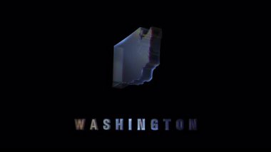 Dönen Washington eyalet haritası parlak siyah arka plana karşı yanardöner yansımaları gösteriyor, prizmatik görsel zarafetle coğrafi hatları vurguluyor
