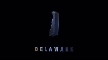 Holografik projeksiyon, dijital teknolojiyi ve coğrafi görselleştirmeyi temsil eden parlak siyah arkaplan üzerinde giderek dönen Delaware durumunu gösteriyor.