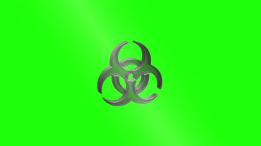 Metalik biyolojik tehlike uyarı sembolü yeşil ekran üzerinde pürüzsüz bir şekilde dönüyor, karmaşık ayrıntıları ortaya çıkarıyor ve bilimsel veya tıbbi görsel projeler için temiz bir bileşim potansiyeli sağlıyor