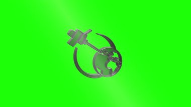 Metalik uydu uzayda dönüyor, yeşil ekran arkaplanına karşı dünyanın yörüngesinde dönerken güneş panellerini genişletiyor, gelişmiş teknoloji ve küresel iletişim yetenekleri sergiliyor