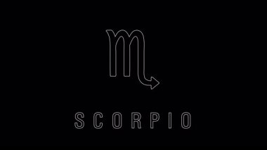 Siyah arkaplanı aydınlatan Akrep burcu sembolü, astrolojik grafik tasarım elementini vurgulayan parlak ok ile hareket ediyor