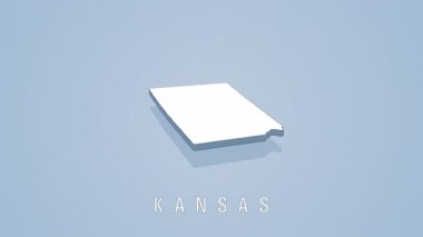 El değmemiş beyaz Kansas eyalet haritası, minimalist açık mavi arkaplan üzerinde sorunsuzca dönüyor, coğrafi hatları ve siyasi sınırları vurguluyor