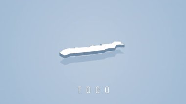 Togo 'nun açık mavi arkaplan üzerinde pürüzsüzce dönmesinin el değmemiş beyaz 3d kartografik tasviri, jeopolitik manzara ve ulusal sınırları vurguluyor