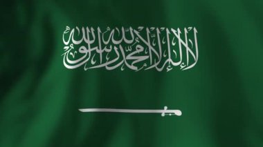 Suudi Arabistan ulusal bayrağı dinamik bir şekilde dalgalanıyor. Tarafsız arka planda dalgalanan yeşil kumaş ulusal gurur ve egemenliği simgeliyor.