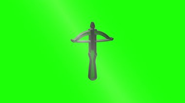 Metalik ortaçağ yayının yavaşça dönmesi, kroma anahtar yeşil ekran arka planına karşı karmaşık detayları ortaya çıkarıyor, tarihi silah tasarımı sergiliyor