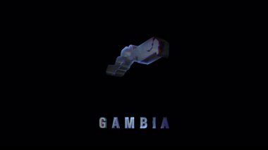 Dönen holografik gambiya haritası ulusal coğrafyayı karanlık arka planda görselleştiriyor, modern tasarım ile ülkelerin dijital temsilini tasvir ediyor