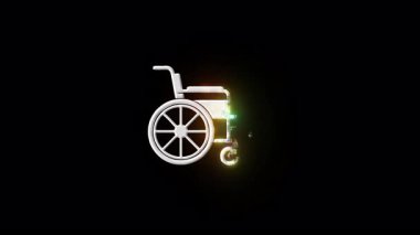 Tekerlekli sandalye dijital simgesi, engelli bireyler için erişilebilirlik ve hareketliliği temsil ederek, koyu arkaplan üzerinde sorunsuzca döner ve hareket eder