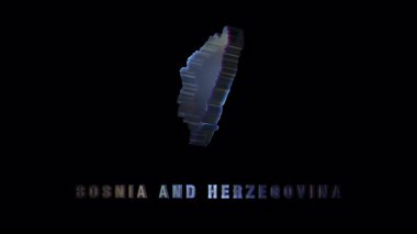 Bosna ve Herzegovina 'nın holografik dönen haritası karanlık arka planda ortaya çıkıyor, dijital kablo görselleştirmesindeki coğrafi hatları gösteriyor