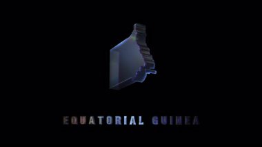 Ekvator Ginesinin karanlık zemin üzerinde dönen holografik haritası, dijital, fütürist ışıltı ve yanardöner renklerle coğrafi hatları ortaya çıkarıyor