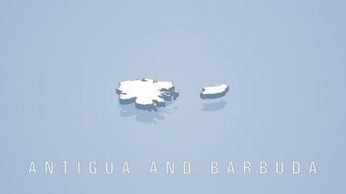 Minimalist açık mavi arkaplan üzerinde dönen beyaz antigua ve barbuda haritasını tasvir eden hassas 3d kartografik çizim, profesyonel tasarım berraklığı ile coğrafi detaylar sergiliyor