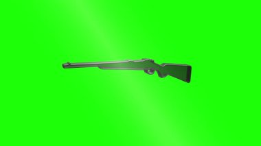Yemyeşil ekran üzerinde düzgün dönen hassas av tüfeği, pürüzsüz bileşim ve görsel efekt iş akışı için temiz alfa kanalı sunar