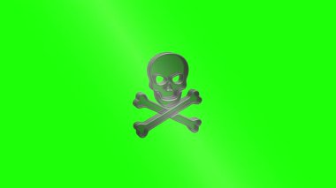 Çapraz kemikli metal kafatası, yeşil ekran üzerinde pürüzsüz dönüyor, koyu gotik tasarım sergiliyor ve uyarı sembolü kusursuz bir hareketle dönüyor.