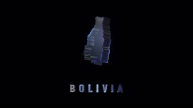 Holografik bolivya haritası projeksiyonu koyu arkaplan üzerinde dönüyor, coğrafi detayları fütüristik dijital görüntüleme ve kusursuz döndürme ile gösteriyor