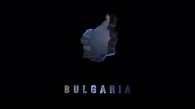 Arızalı holografik projeksiyon, parlak siyah arka plana karşı canlı dijital görüntüleme ile bulgarya haritasını sergiliyor, gelecekteki teknolojik yenilikleri vurguluyor