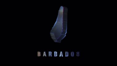 Holografik projeksiyon ayrıntılı barbados haritasını yavaş yavaş ortaya çıkarıyor, parlak siyah arkaplan ve yanardöner dijital görüntüleme ile coğrafi hatları sergiliyor