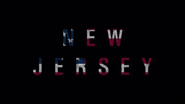 New Jersey eyaletinin siluetini vurgulayan metin animasyonu, koyu siyah arkaplan karşısında bayrak renkleri, devlet gururunu ve ulusal kimliği sembolize eden