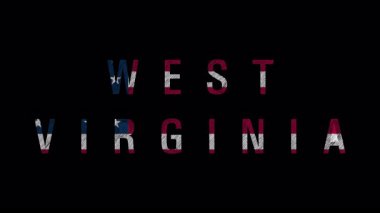 Batı Virginia metin animasyonu karalama efektiyle harfleri Amerikan bayrağıyla dolduruyor, siyah bir arkaplanda izole edilmiş.