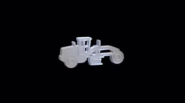 Dönen ve çarpıcı bir şekilde patlayan ağır inşaat derecelendirici, sert siyah arka plana karşı metalik endüstriyel makineler gösteriyor