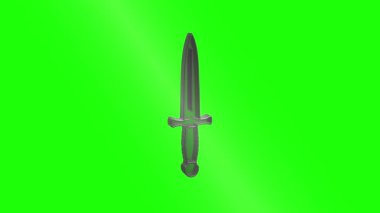 Metalik ortaçağ hançeri sürekli yeşil ekrana karşı dönüyor, fantezi temalı görsel efektler ve sinematik projeler için kusursuz dönüş sergiliyor.