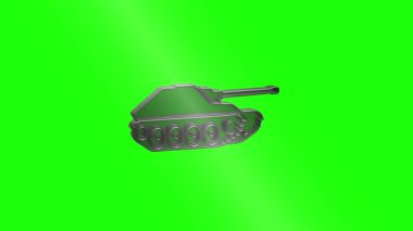 Metalik tank yeşil ekran arka planında dönüyor ve patlıyor, görsel efektler ve hareket grafikleri için mükemmel