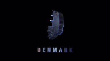 Sanal Danimarka haritası, ülkenin renkli ve soyut bir temsilini oluşturarak, siyah arkaplan üzerinde yavaşça döner.