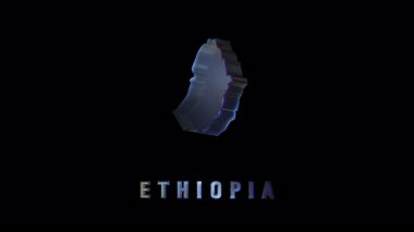 Etiyopya cam haritası koyu arkaplan üzerinde sorunsuzca dönüyor, parlak şeffaf renkle coğrafi hatları ve ulusal sınırları ortaya çıkarıyor