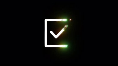 İşaretleme kutusu simgesi dijital arıza efekti ile bozuluyor, hareketli animasyon yoluyla karanlık yüzeye karşı dinamik grafik sembolünü ortaya çıkarıyor