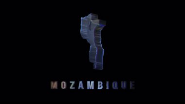 Karanlık arkaplanda ortaya çıkan mozambik 'in holografik dönen haritası, coğrafi ayrıntıları vurgulayan parlak dijital görselleştirme ile ülke adını ortaya çıkarıyor
