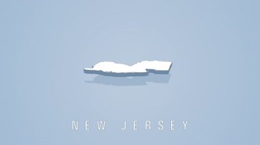 New Jersey 'in üç boyutlu beyaz haritası, temiz katı arkaplan üzerinde pürüzsüzce dönüyor, coğrafi hatları ve eyalet sınırlarını ortaya çıkarıyor