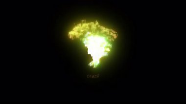 Luminous brazilian map emerging, glowing with vibrant intensity, gradually disintegrating against stark black backdrop, revealing geographical essence