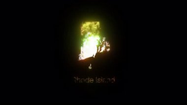 Glowing digital effect transforms into the outline of rhode island, showcasing a modern and artistic representation of the state against a dark background