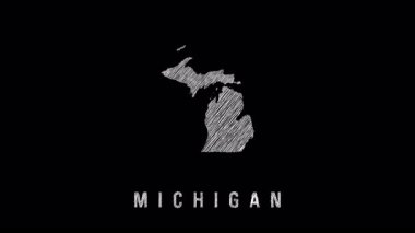 Michigan state contour scribbling, appearing and disappearing on stark black background, revealing state boundaries through dynamic graphic animation