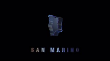 Dynamic animation showcasing a rotating 3d map of san marino with a glowing text effect highlighting the countrys name