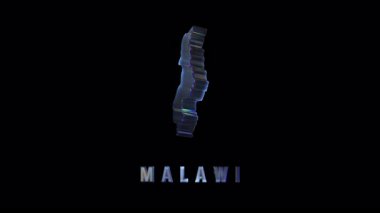 Holographic projection revealing malawis geographical contours with digital glitch distortion, emerging against dark background in futuristic visualization