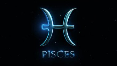 Metallic pisces zodiac sign forming with light streaks animation on a black background with stars
