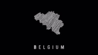 White scribbled belgium map graphically presenting countrys geographical outline against contrasting black background, highlighting minimal cartographic design element