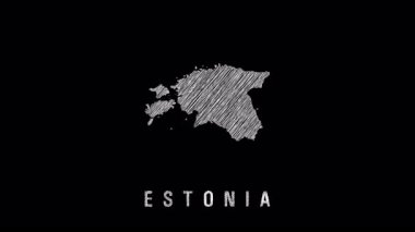 Hand drawn animated map of estonia revealing countrys geographical shape, sliding across dark backdrop with sketchy, chalk like rendering