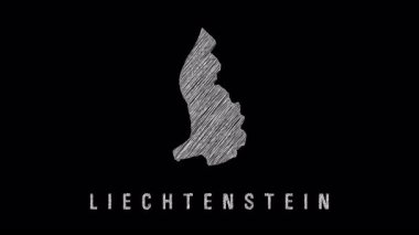 Scribbled liechtenstein map emerging dynamically, revealing geographical contours against stark black backdrop, highlighting national borders and regional details