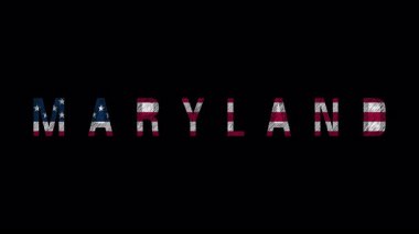 Animated text of maryland featuring an overlay of the american flag, presented on a black background